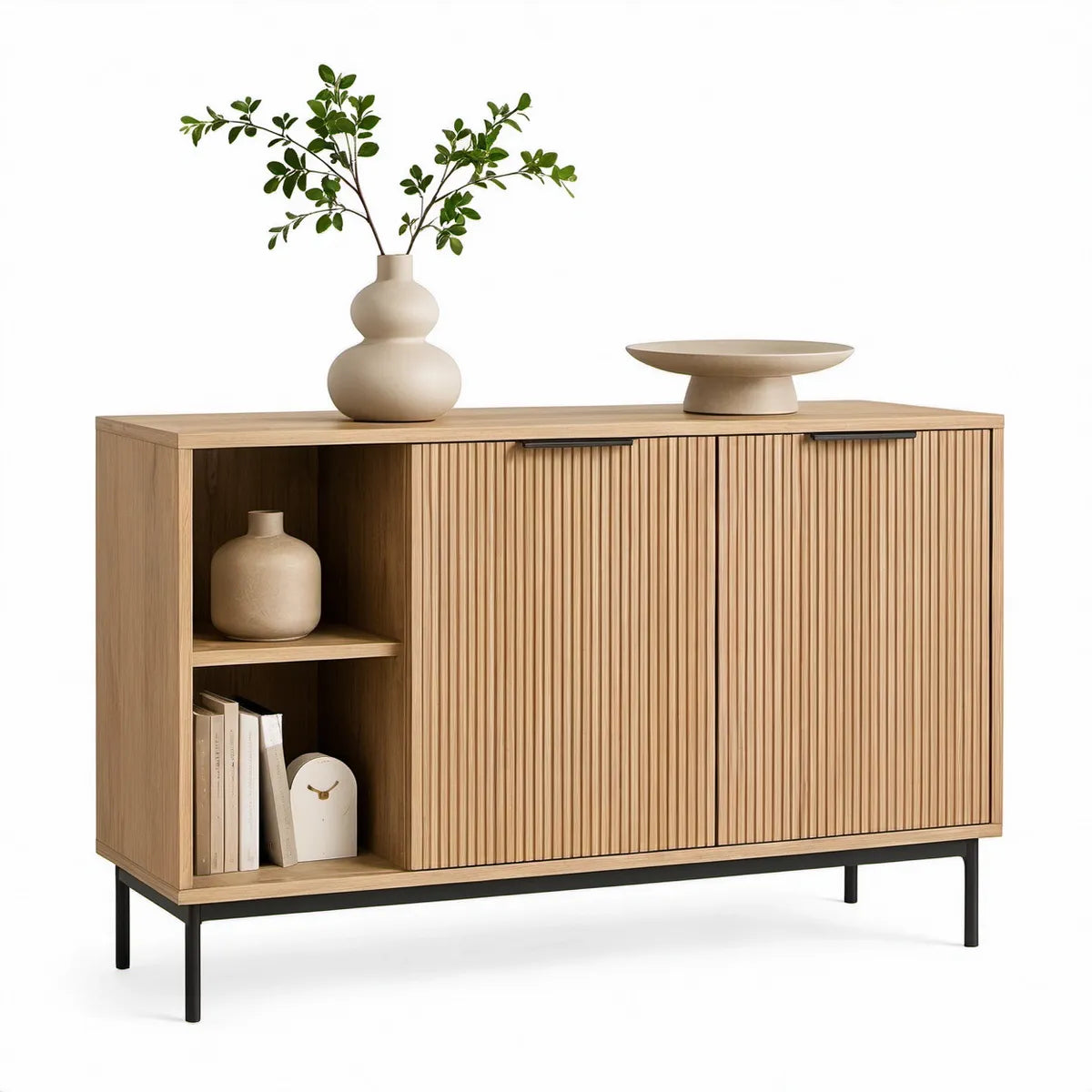 Aparador Retangular 120 x 40 x 85 cm em MDF Folheado a Carvalho Claro com Pés em Aço Preto
