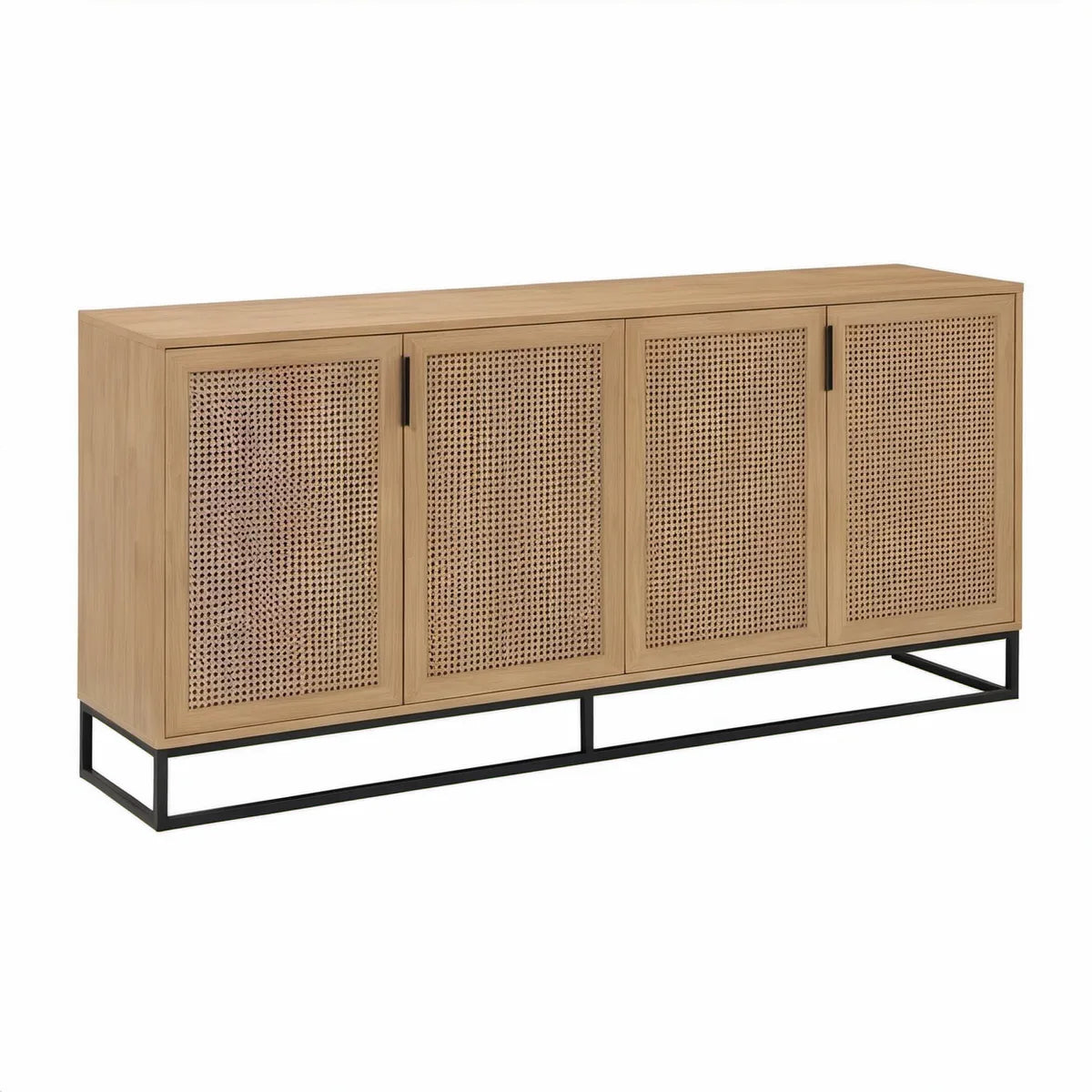 Aparador Retangular com 4 Portas em Carvalho e Vime Natural, 180 x 40 x 85 cm