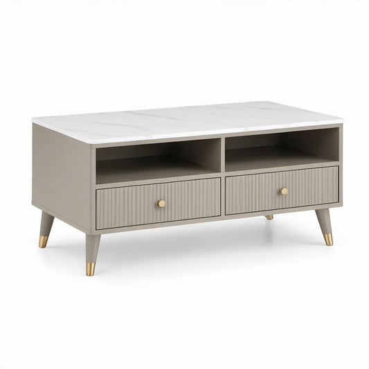 Mesa de centro retangular em MDF cinzento, branco e dourado com 2 gavetas e 2 nichos, 100 x 50 x 45 cm