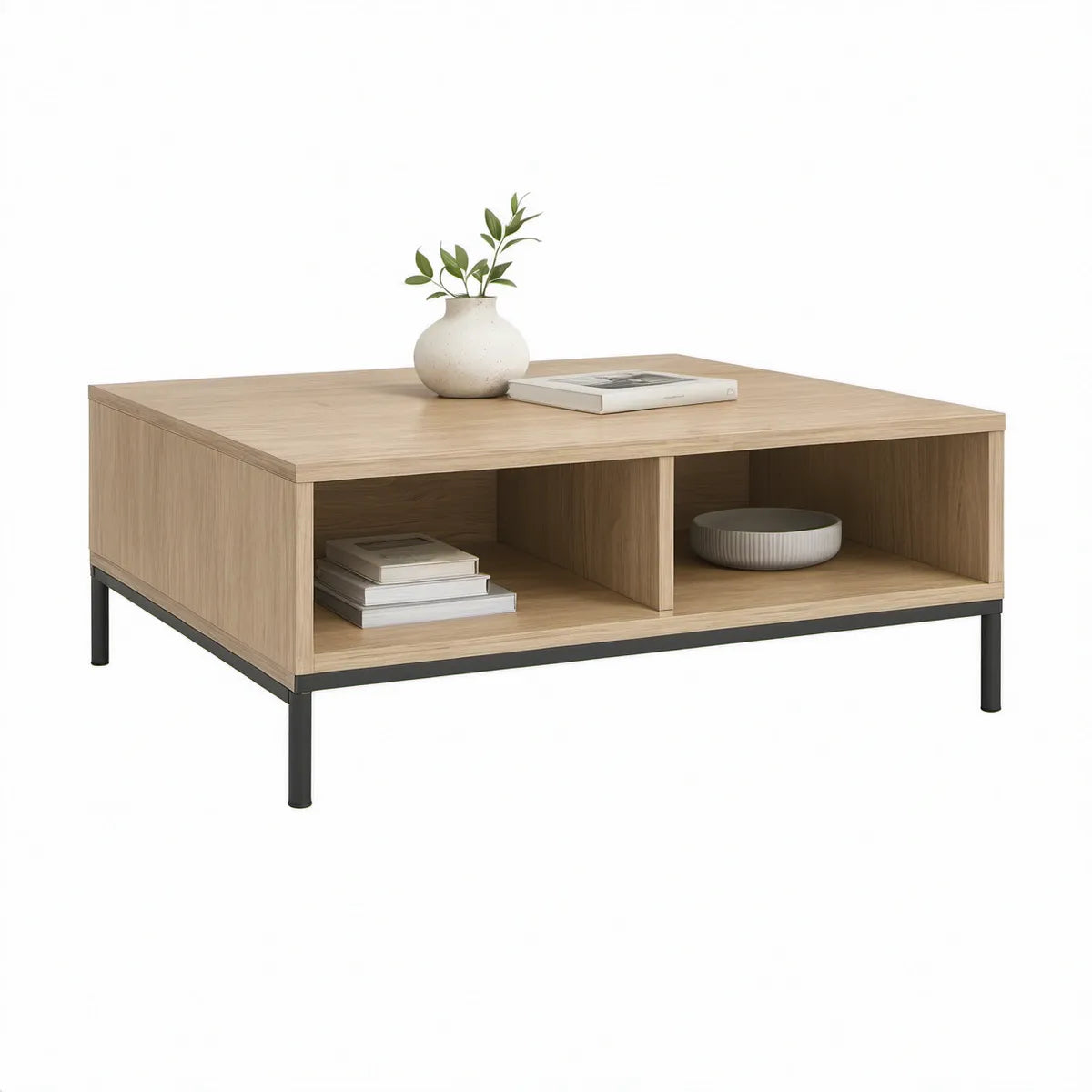 Mesa de centro retangular em carvalho claro e preto com 2 compartimentos, 100 x 60 x 45 cm