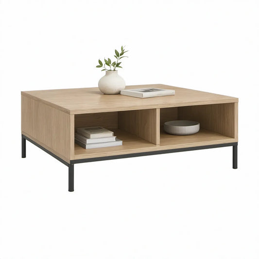 Mesa de centro retangular em carvalho claro e preto com 2 compartimentos, 100 x 60 x 45 cm