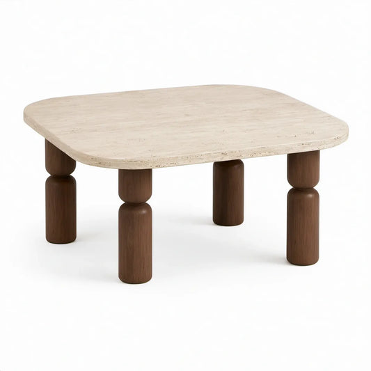 Mesa de centro quadrada em travertino natural e madeira maciça de nogueira, 100 x 100 x 40 cm