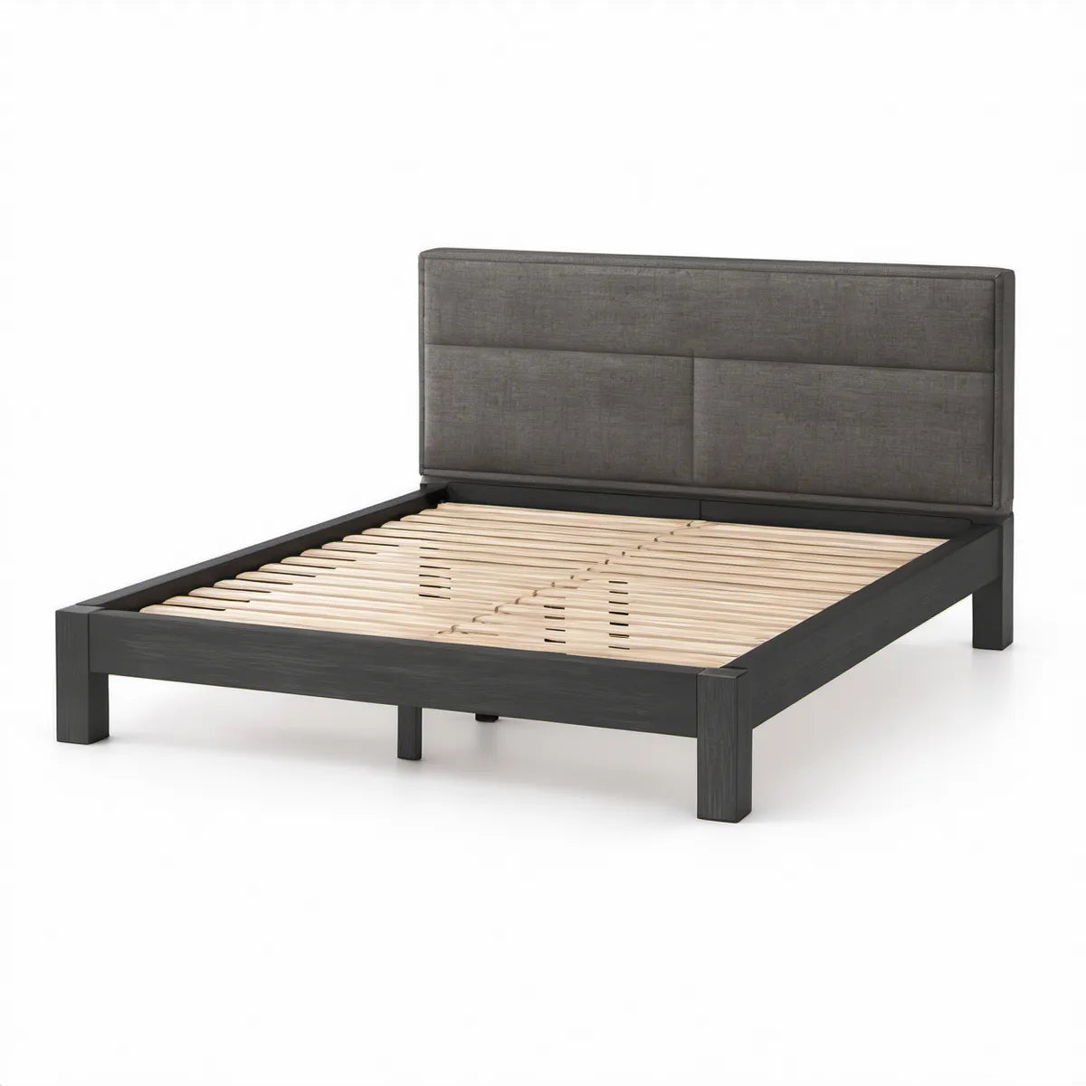Cama de Casal 160 x 200 cm em Madeira Preta com Cabeceira Acolchoada Cinzento-Escuro