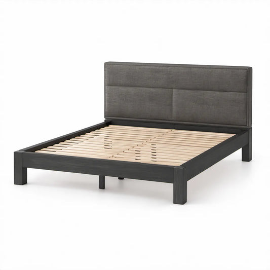 Cama de Casal 160 x 200 cm em Madeira Preta com Cabeceira Acolchoada Cinzento-Escuro