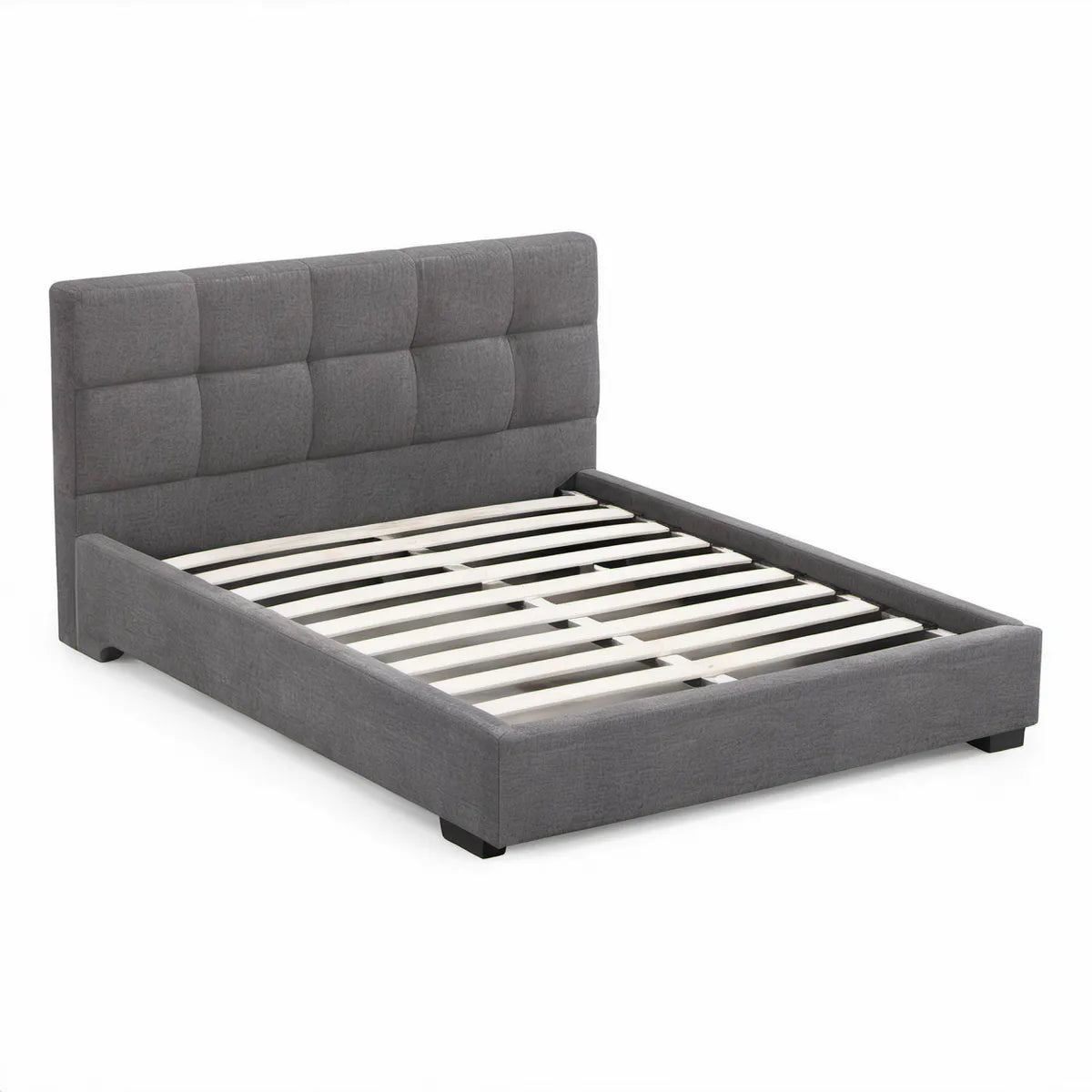 Cama de Casal Estofada Cinzento-Escuro 160 x 200 cm com Cabeceira Acolchoada e Estrado de Ripas