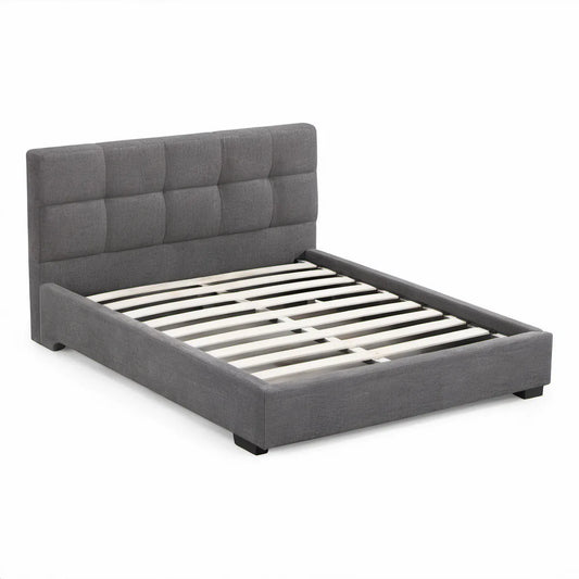 Cama de Casal Estofada Cinzento-Escuro 160 x 200 cm com Cabeceira Acolchoada e Estrado de Ripas