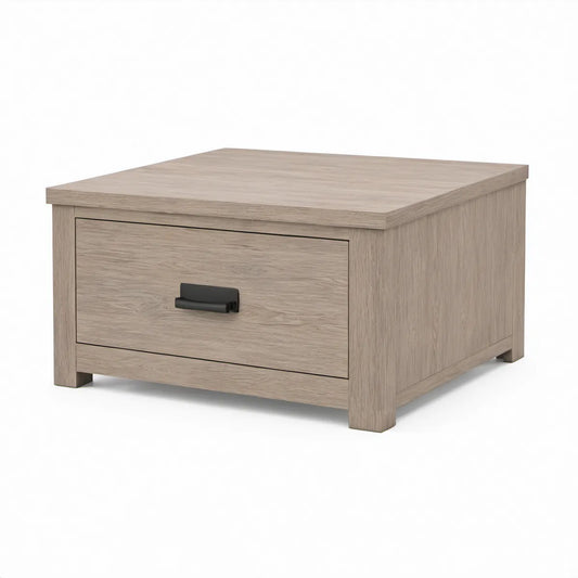 Mesa de centro quadrada com gaveta em carvalho claro e preto, 80 x 80 x 45 cm