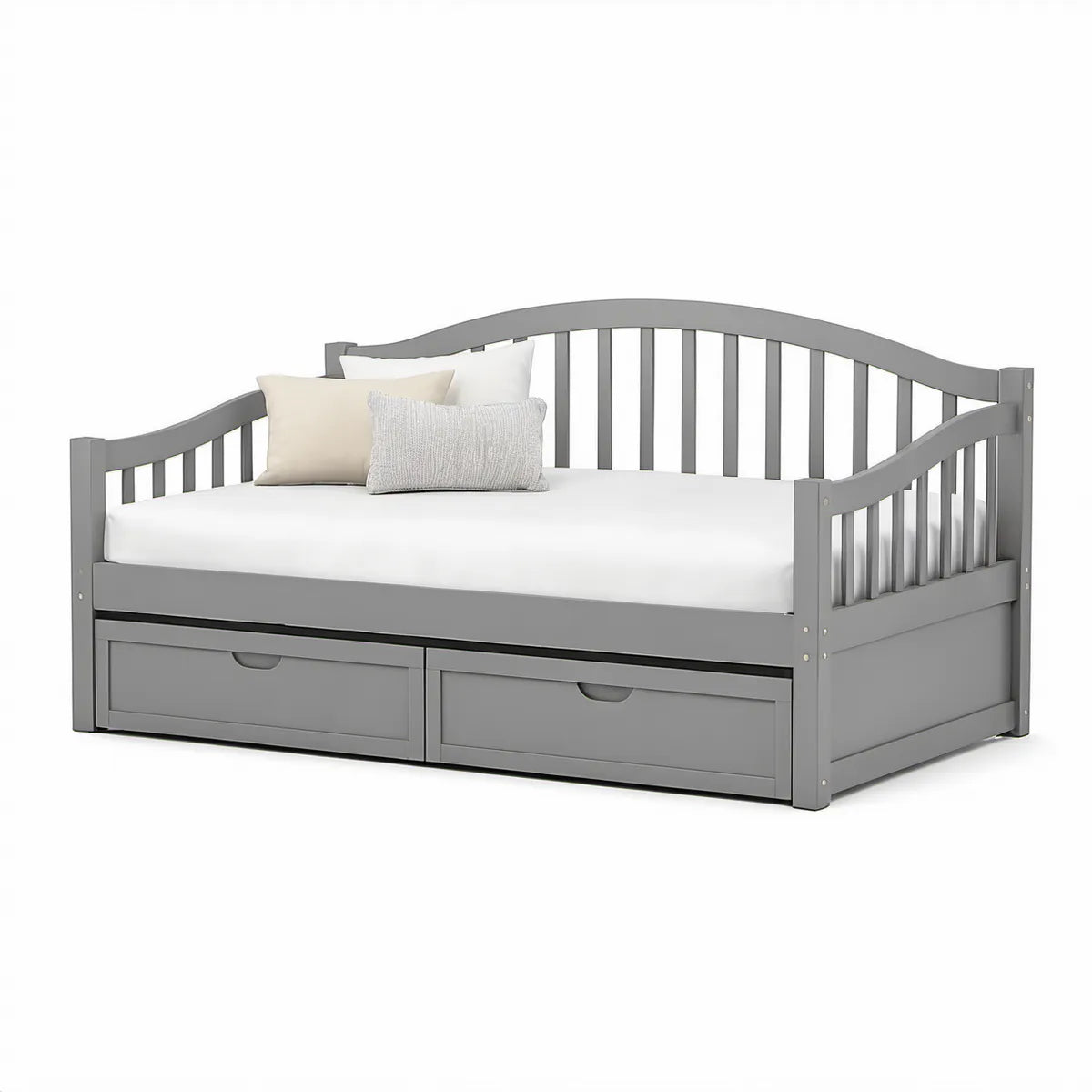 Cama Individual em Pinho Maciço Cinzento com 2 Gavetas, 90 x 190 cm