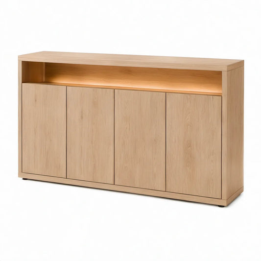 Aparador com 4 Portas, Nicho LED e Acabamento em Carvalho Natural Claro, 160 x 40 x 90 cm