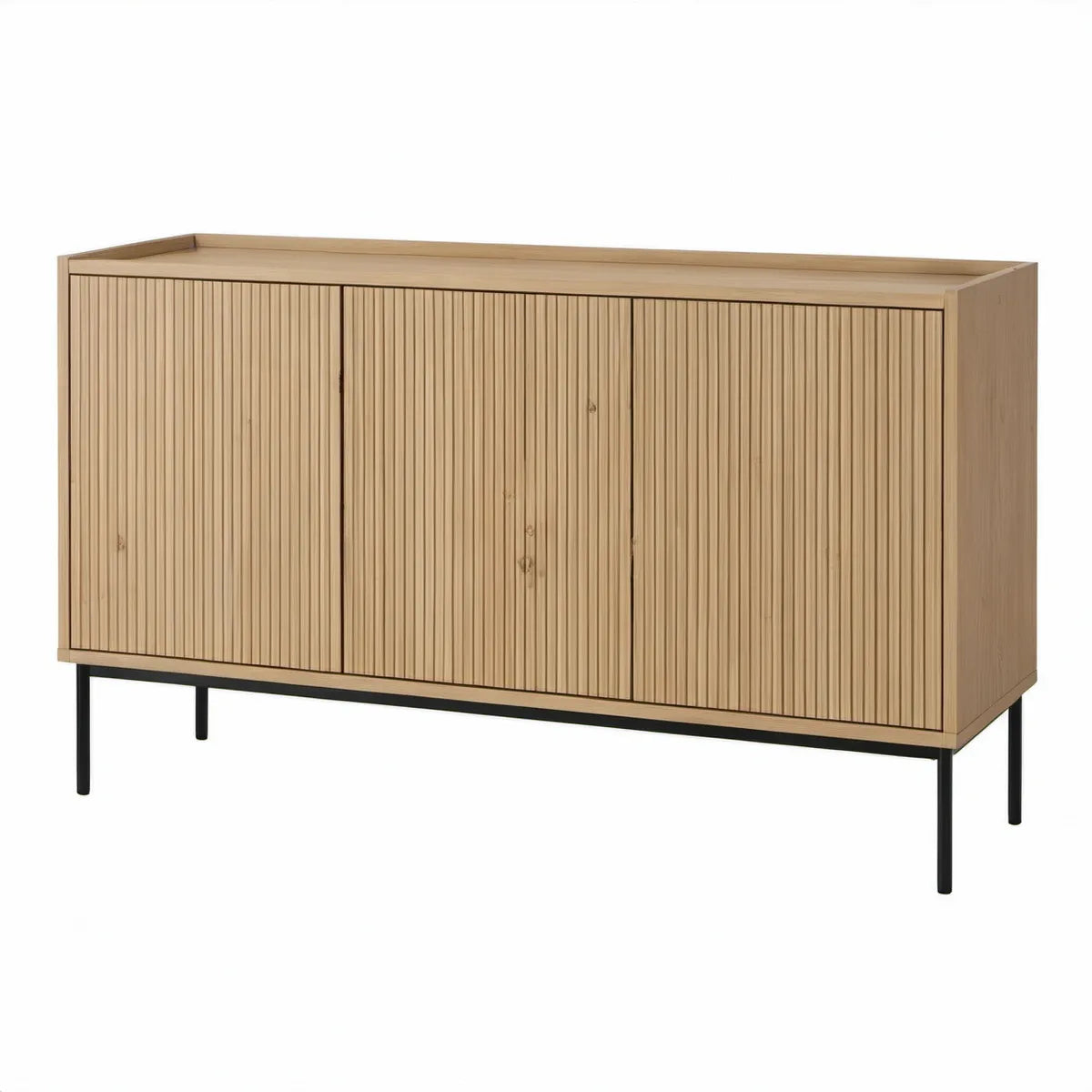 Aparador Retangular com 3 Portas em Pinho Maciço Natural e Aço Preto, 160 x 40 x 85 cm
