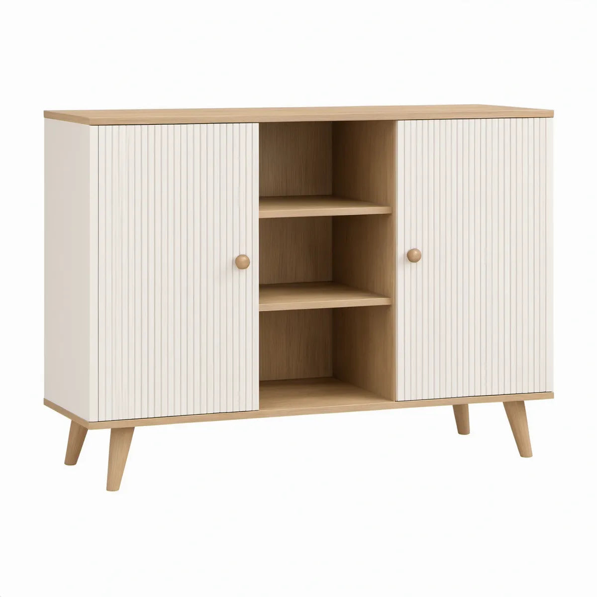 Aparador Retangular em MDF Branco e Carvalho com 2 Portas e 3 Nichos, 120 x 40 x 90 cm