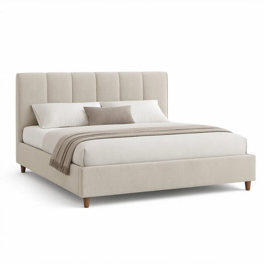 Cama de Casal Estofada em Poliéster Bege e Castanho para Colchão 160 x 200 cm