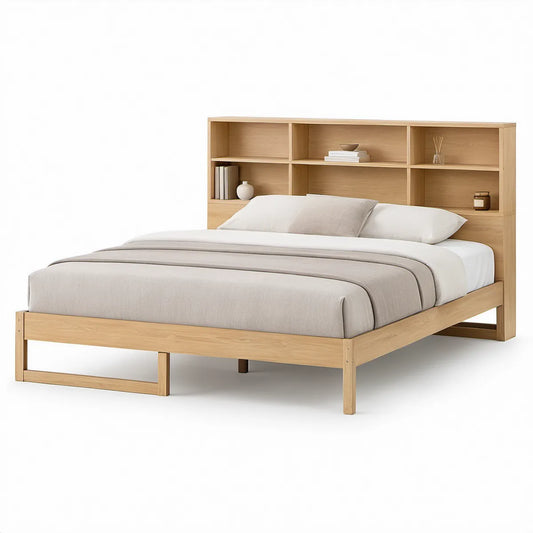 Cama de Casal 160 x 200 cm com Cabeceira de Arrumação em Carvalho Natural