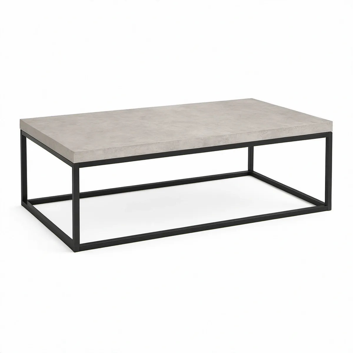 Mesa de centro retangular 120 x 60 x 40 cm com tampo em MDF efeito cimento e estrutura em aço preto