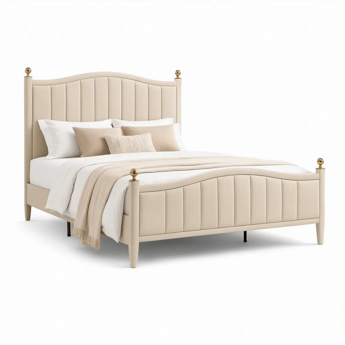 Cama de Casal Estofada Bege e Dourada para Colchão 160 x 200 cm, 170 x 215 cm