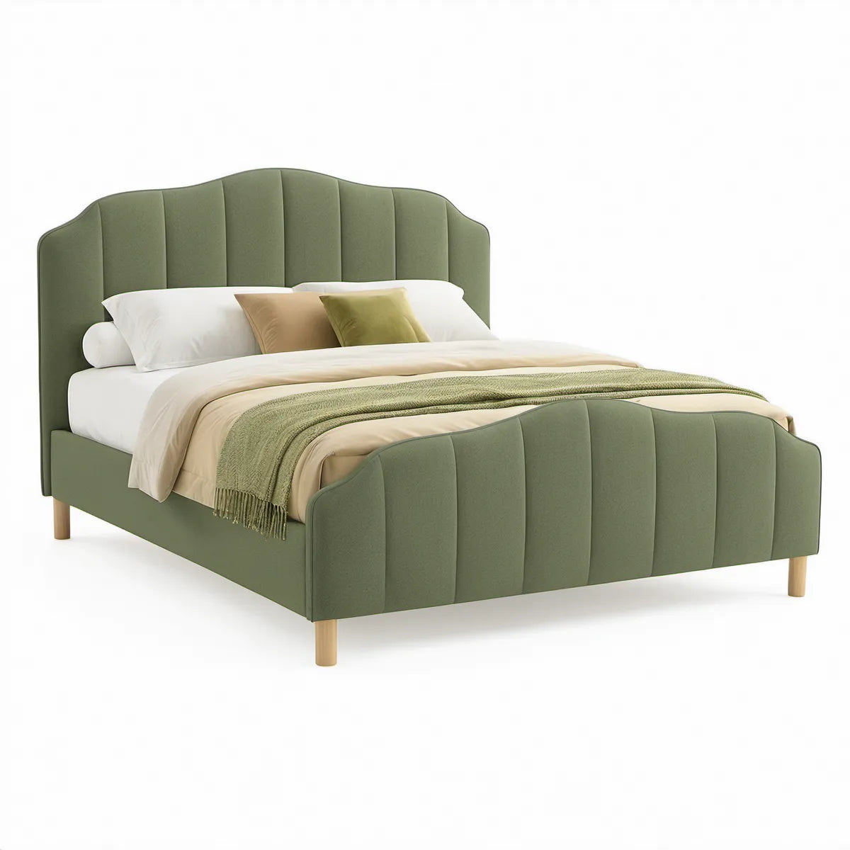 Cama de Casal Estofada Verde Oliva 160 x 200 cm com Cabeceira Ondulada