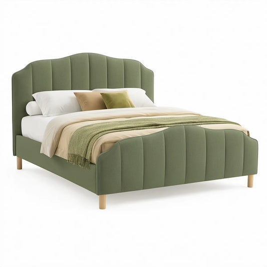 Cama de Casal Estofada Verde Oliva 160 x 200 cm com Cabeceira Ondulada