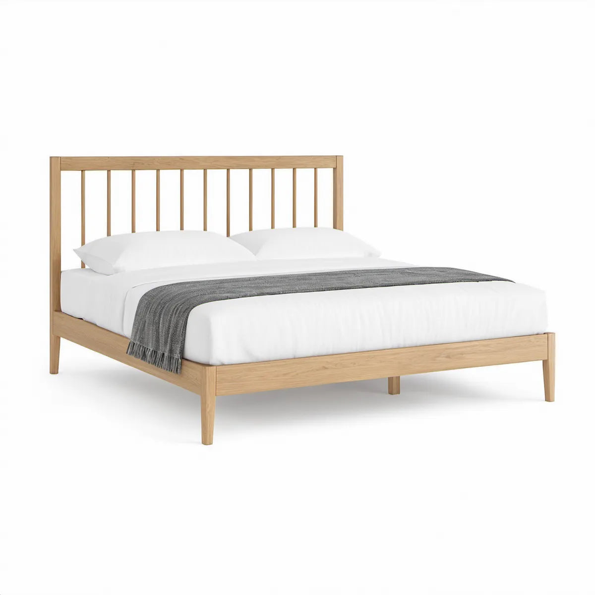 Cama de Casal em Madeira Maciça de Carvalho Natural 160 x 200 cm com Cabeceira de Ripas