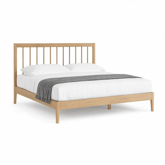 Cama de Casal em Madeira Maciça de Carvalho Natural 160 x 200 cm com Cabeceira de Ripas