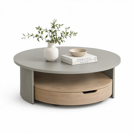 Mesa de Centro Redonda com Arrumação 80 x 80 x 42 cm em MDF Cinzento e Carvalho Claro