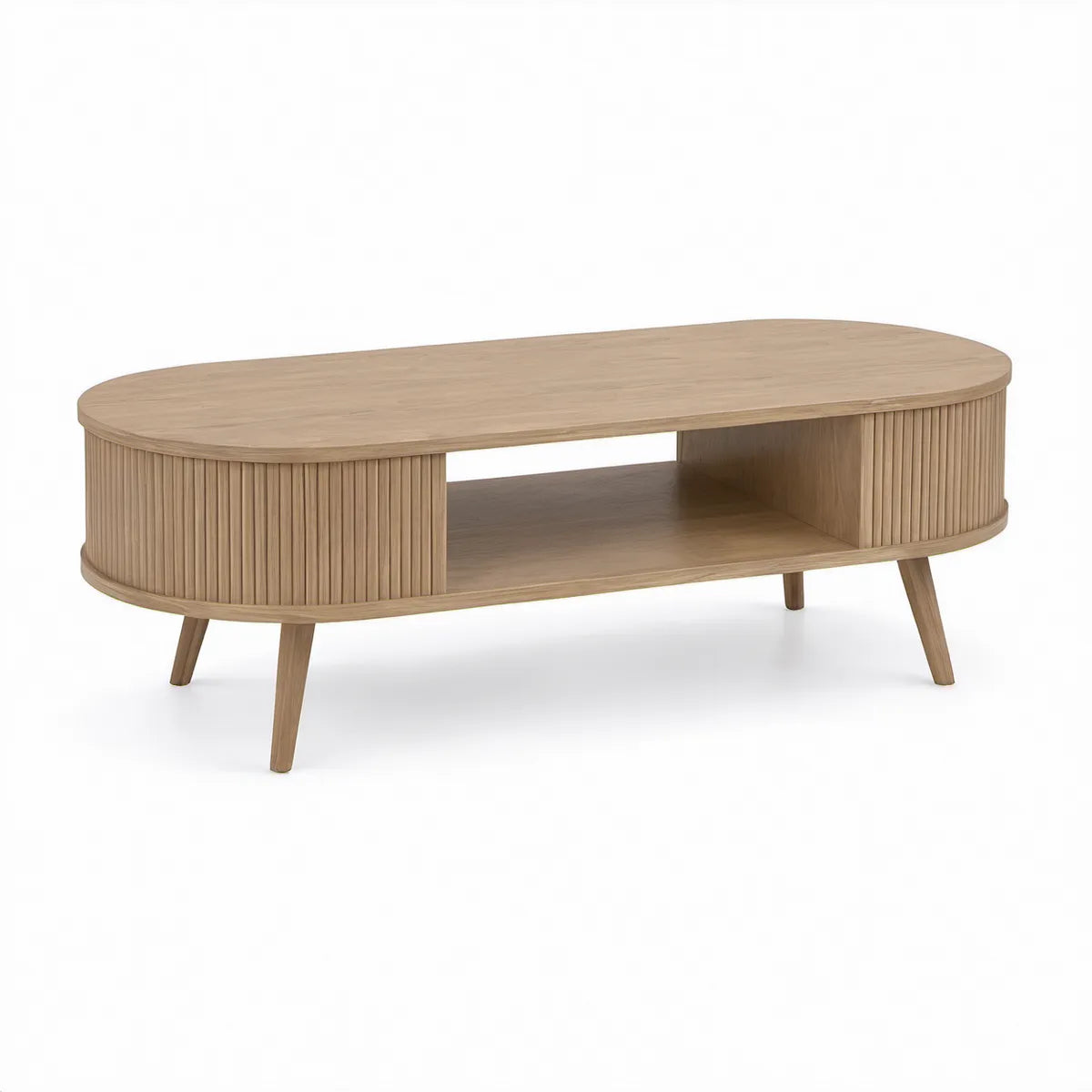 Mesa de Centro Oval com Arrumação em Carvalho Natural 120 x 60 x 45 cm