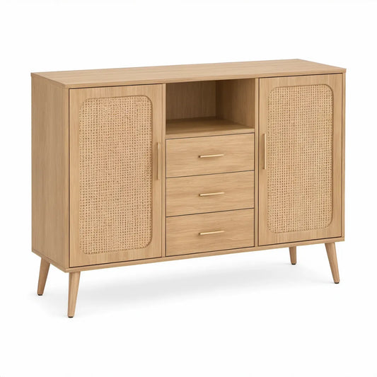 Aparador em MDF Carvalho Natural com 2 Portas em Palhinha e 3 Gavetas, 120 x 40 x 90 cm
