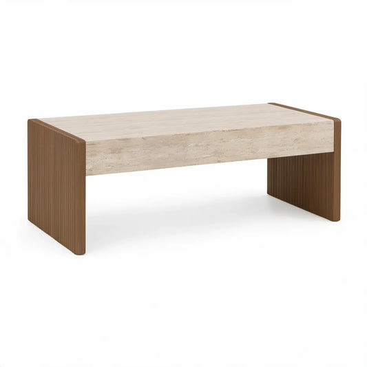 Mesa de centro retangular 120 x 60 x 40 cm em MDF com efeito travertino bege e acabamento canelado castanho