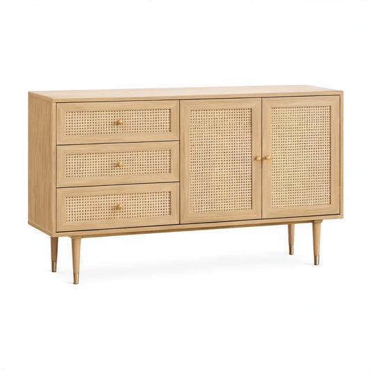 Aparador Retangular 150 x 40 x 85 cm em MDF Folheado a Carvalho com Vime Natural